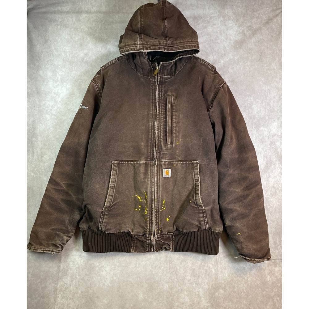 VINTAGE Carhartt Jacket Sherpa Lined Mens XL Brown Canvas Full Swing Hooded Work